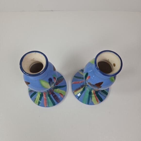 Mexican Hand Painted Candle Sticks 6 Inch Blue Set of 2 Art Pottery Vintage 2001 - Picture 6 of 9